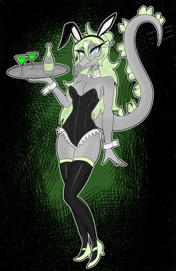 abstract_background alcohol alcohol_bottle anthro beverage beverage_bottle black_clothing black_legwear black_thigh_highs blue_eyes bottle breasts bunny_costume clothing cocktail_glass collar container costume cuffs_(clothing) cup drinking_glass eyelashes fake_ears female fingers footwear front_view glass glass_container glass_cup green_hair grey_body hair high_heels holding_object humanoid_hands legwear long_hair long_tail looking_at_viewer medium_breasts non-mammal_breasts outline pose saucer seductive shoes smile solo spiked_tail spikes spikes_(anatomy) standing tail thigh_highs white_outline gothgator0 goodbye_volcano_high ko_op_(game_developer) stella_(gvh_beta) dinosaur ornithischian prehistoric_species reptile scalie stegosaurian stegosaurus thyreophoran absurd_res full-length_portrait hi_res portrait restricted_palette