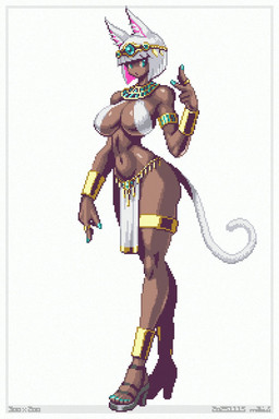 accessory armlet big_breasts bikini bikini_top blue_eyes bottomwear bracelet breasts cleavage clothed clothing colored_nails colored_toenails covered_nipples crown dark_body dark_skin egyptian egyptian_clothing feet female footwear gesture gold_(metal) gold_jewelry hair hand_gesture headgear high_heels inner_ear_fluff jewelry leglet loincloth looking_at_viewer muscular muscular_female nails navel ring shoes simple_background small_waist solo swimwear tail thighlet tiara toenails toes tuft turquoise_jewlery turquoise_nails two-piece_swimsuit usekh v_sign white_background white_clothing white_hair white_tail mabius6 domestic_cat felid feline felis humanoid mammal 2:3 digital_media_(artwork) hi_res pixel_(artwork)