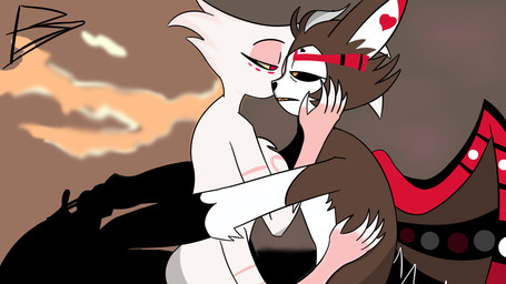 anthro back_wings duo head_tuft holding_face male male/male motorcycle multi_limb simple_background simple_coloring tuft vehicle wings yosoybonfie hazbin_hotel hellaverse angel_dust husk_(hazbin_hotel) arachnid arthropod spider 16:9 absurd_res hi_res shaded simple_shading widescreen