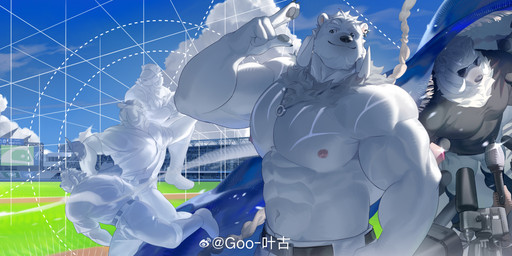2_horns abs afterimage anthro ball baseball baseball_(ball) baseball_field baseball_uniform beard biceps black_claws black_clothing black_pawpads black_shirt black_topwear blue_cloth blue_clothing blue_footwear blue_sky blue_socks bottomwear claws clothed clothing cloud day deltoids ear_piercing ear_ring electronics eyewear facial_hair finger_claws footwear forearm_muscles fur grey_eyes hair horn jewelry looking_at_viewer male microphone monitor muscular muscular_anthro muscular_male navel necklace nipple_outline obliques pants pawpads pecs piercing pitching_position press_conference ring_piercing shirt sky smile smiling_at_viewer socks solo sportswear stadium sunglasses topless topwear uniform weibo_logo white_body white_bottomwear white_clothing white_fur white_hair white_horn white_pants koushishikou11 weibo bear mammal polar_bear ursine 2025 absurd_res hi_res