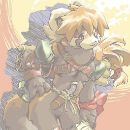 anthro backpack bottomless breasts clothed clothing dagger female hair knife melee_weapon partially_clothed ponytail ribbons simple_background solo weapon fuziwa ailurid mammal red_panda 1:1 low_res