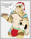 anthro big_bulge biped bulge christmas_clothing christmas_headwear clothed clothing cookie detailed_bulge food fur hat headgear headwear holidays looking_at_viewer male male_anthro milk santa_hat simple_background smile solo stripes tail text underwear gummixfrog christmas dwenz equid equine horse hybrid mammal zebra zebroid zorse digital_media_(artwork) english_text hi_res