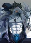 abs anthro black_body black_fur blue_eyes blush bodily_fluids bottomwear boxer_briefs briefs bulge chest_tuft claws clothed clothing cuff_(restraint) cum cum_in_clothing cum_in_underwear cum_through_clothing cum_through_underwear dog_tags erection erection_under_clothing fur genital_fluids genitals handcuffs hat headgear headwear holding_clothing holding_hat holding_headgear holding_headwear holding_object looking_at_viewer male metal_cuffs muscular muscular_anthro muscular_male open_bottomwear open_clothing open_pants open_shirt open_topwear pants partially_clothed pecs penis precum restraints shackles shirt solo sweat tent_through_fly tenting tongue tongue_out topwear tuft underwear wet wet_clothing wet_underwear white_body white_fur guangyan_(artist) luwei_(artist) discordnight mammal sergal 2015 hi_res