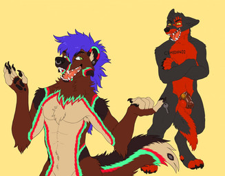anthro blush blush_lines chastity_cage chastity_device chastity_key chest_tattoo claws crossed_arms digitigrade dominant duo ear_piercing facial_piercing genitals gesture key keyholding lock male male/male nose_piercing nude open_mouth padlock pawpads penis penis_poking_out piercing shrug tail tail_between_legs tattoo teeth tongue translucent translucent_chastity_cage devilenby canid canine canis hybrid mammal wolf