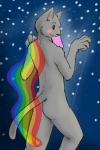 5_fingers anthro anthrofied biped black_eyes blush butt claws clothing fingers food fur grey_body grey_fur holding_food holding_object looking_at_viewer looking_back male mouth_hold multicolored_clothing nude one_eye_closed rainbow rainbow_clothing rainbow_trail solo space standing tail whiskers wink icefang_cerule nyan_cat_(copyright) pop-tarts nyan_cat domestic_cat felid feline felis mammal meme