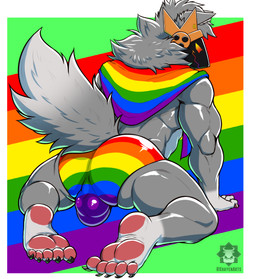all_fours anthro balls_outline bulge bulge_from_behind butt clothing detailed_bulge flag_clothing genital_outline lgbt_pride machine male multicolored_clothing multicolored_underwear presenting presenting_hindquarters pride_colors rainbow_clothing rainbow_flag rainbow_pride_flag rainbow_symbol rainbow_underwear solo underwear khayen lgbt_pride_month toomuchbutters canid canine canis mammal protogen wolf absurd_res hi_res