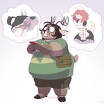 2024 absurd_res anthro antlers blush bottomwear breasts brown_hair canid canine charm_(disambiguation) clothing deer electronics eyewear female glasses hair hair_over_eyes hi_res holding_object holding_phone hooves horn japanese_text legwear maid_uniform male mammal new_world_deer nintendo obese obese_anthro obese_male overweight overweight_anthro overweight_male panties phone pink_hair pins pokeball pokemon reindeer satchel shirt shorts simple_background smile solo stockings stubble t-shirt text the_legend_of_zelda thinking thought_bubble timo_(yellowhellion) topwear triforce underwear uniform white_background yellowhellion