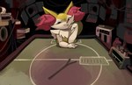 anthro braixen buckshot_roulette female furniture generation_6_pokemon hi_res mike_klubnika nintendo pokemon pokemon_(species) smug solo stick table yarney