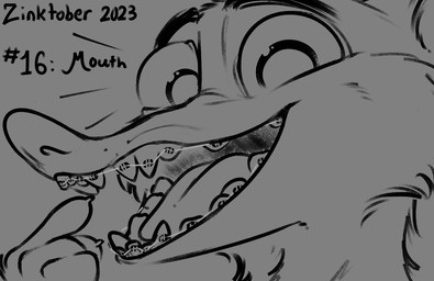 4_fingers anthro braces emanata fingers gesture hand_gesture male open_mouth pointing pointing_at_mouth pointing_at_self simple_background smile solo teeth text tongue conditional_dnp tangerine_(artist) disney inktober zootopia duke_weaselton mammal mustelid musteline true_musteline weasel 2023 english_text hi_res monochrome