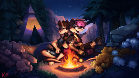 acoustic_guitar anthro barefoot bottomwear brown_hair campfire clothing detailed_background duo feet female fire flower forest grass guitar hair mountain musical_instrument night open_mouth outside pants pink_hair plant playing_guitar playing_music plucked_string_instrument rock shirt sitting smile star string_instrument tail tent topwear tree kite512 american_opossum mammal marsupial 16:9 2025 digital_media_(artwork) hi_res widescreen