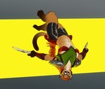 abs anthro arm_guards armwear bottomwear braided_hair breasts clothed clothing female fur green_eyes hair jumping knife long_hair muscular muscular_female muscular_thighs open_mouth orange_hair shorts shoulder_pads shoulder_plates simple_background smile solo teeth thick_thighs tight_clothing tongue weapon yellow_body yellow_fur warrnet seras_kiith'sa cougar felid feline mammal taelon_(species) digital_media_(artwork)