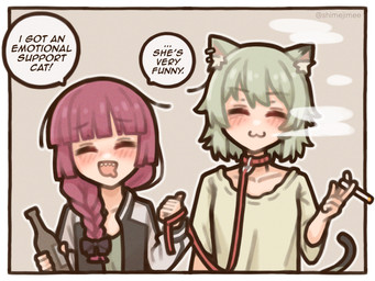 :3 blush blush_lines bodily_fluids border bottle braided_hair cigarette cigarette_smoke clothing collar container dialogue drooling duo ear_piercing ear_ring eyebrows eyes_closed female female_human female_humanoid glass_bottle green_clothing green_hair green_shirt green_topwear hair hair_size_difference holding_bottle holding_cigarette holding_container holding_leash holding_object inner_ear_fluff larger_female larger_humanoid leash leashed_collar long_hair looking_at_viewer piercing purple_hair raised_inner_eyebrows red_collar red_leash ring_piercing saliva sharp_teeth shirt short_hair simple_background size_difference smaller_female smaller_human smoke smoke_from_mouth smoking smoking_cigarette speech_bubble talking_to_viewer tan_background teeth text topwear tuft white_border shimejimee bocchi_the_rock chainsmoker_cat kikuri_hiroi yaniko_satou animal_humanoid cat_humanoid felid felid_humanoid feline feline_humanoid human humanoid mammal mammal_humanoid 2026 4:3 crossover digital_drawing_(artwork) digital_media_(artwork) english_text hi_res