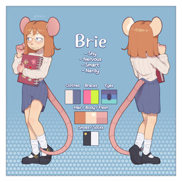anthro blue_eyes blush blush_lines border bottomwear braces clothing eyelashes eyewear female footwear front_view glasses hair mouse_tail notebook orange_body orange_hair purple_bottomwear purple_clothing purple_skirt rear_view shoes shy shy_smile simple_background skinny skirt socks solo sticker stickers_on_object sweater teeth text topwear wearing_glasses white_border young young_female gheezz brie_(gheezz) mammal mouse murid murine rodent 1:1 absurd_res hi_res model_sheet signature