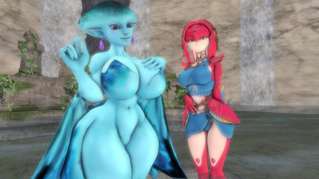5_fingers big_breasts blue_body blue_skin breast_size_difference breasts claws cleavage clothed clothed_female clothed_humanoid clothing curvy_figure duo female fingers jewelry looking_at_viewer purple_eyes red_body red_skin slim slim_female slim_humanoid standing thick_thighs voluptuous voluptuous_female voluptuous_humanoid water sonicthebitch breath_of_the_wild nintendo ocarina_of_time the_legend_of_zelda mipha princess_ruto aquatic humanoid zora 16:9 3d_(artwork) digital_media_(artwork) hi_res widescreen