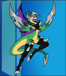 1_eye armor black_legs blade blade_arm blue_tongue cybernetics eyelashes female glowing glowing_eyes green_body gynomorph hooves intersex machine on_one_leg pauldron purple_wings sharp_teeth shoulder_pads solo spikes standing tail tail_blade teeth tongue weapon_tail wings yellow_underbelly alorix godzilla_(series) toho gigan alien cyborg humanoid kaiju monster 2025 hi_res trans_(lore) trans_woman_(lore)