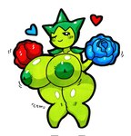 areola big_breasts blush bottomwear breasts clothing curvy_figure elemental_creature female flora_fauna flower generation_3_pokemon green_areola green_body green_nipples heart_symbol hi_res huge_breasts humanoid inverted_nipples mr_ctm nintendo nipples nude one_eye_closed plant pokemon pokemon_(species) rose_(flower) roselia short_stack shorts simple_background solo voluptuous voluptuous_female wink