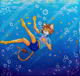 anthro asphyxiation blue_clothing bubble clothing drowning male sea underwater water yellow_body robbiepanda anthozoan cnidarian coral felid fish lion mammal marine pantherine painting_(artwork) watercolor_(artwork)