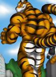 ambiguous_gender anthro back_muscles big_muscles biped black_body black_fur building butt fur half-closed_eyes huge_muscles looking_at_viewer looking_back muscular muscular_ambiguous muscular_anthro narrowed_eyes nude orange_body orange_fur outside pink_nose sky smile solo standing stripes white_body white_fur yellow_eyes gideon notveryathletic ralkor felid mammal pantherine tiger 2015 hi_res