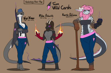 abs anthro armor asian_clothing beard belly_outline biceps black_body black_eyes blue_body blue_hair blue_outfit breasts brown_arms chest_tuft claws clothing crop_top duct_tape east_asian_clothing facial_hair female fin fire flexing fur gauntlets gloves grey_body grin group hair handwear horn japanese_clothing katana kimono logo logo_on_clothing long_neck long_pants male markings melee_weapon muscular muscular_anthro muscular_female muscular_male navel orange_eyes pecs pink_hair pink_outfit polearm purple_eyes raised_hand red_hands scythe shirt smile striped_markings stripes sword tail tail_fin tail_tuft tape text thong_straps topwear trio tuft weapon white_body feretta mythology tale_of_tails korrin_delmire mike_ashantih nyo_la_nixan_(character) ceridrak draako dragon mythological_creature mythological_scalie scalie absurd_res english_text hi_res model_sheet
