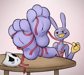 3_toes barefoot between_toes bodily_fluids clenched_teeth clothed clothing crying dominant dominant_male duo feet female foot_fetish foot_focus fur furniture gloves grin grinning_at_partner handwear male male/female mask overalls pink_clothing pink_overalls purple_body purple_ears purple_fur ribbons sad smile soles table tears teeth toes wrapped_around yellow_eyes kiwifizz glitch_productions the_amazing_digital_circus gangle_(tadc) jax_(tadc) animate_inanimate fabric_creature hare lagomorph leporid living_mask mammal rabbit hi_res