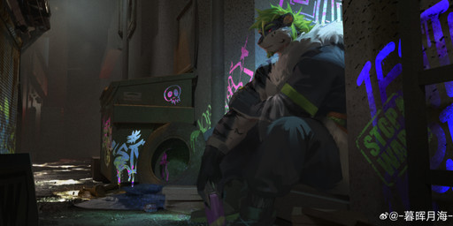 alley anthro bottomwear can clothed clothing container facial_hair fur goatee green_hair grey_body grey_bottomwear grey_clothing grey_fur grey_pants grey_topwear hair holding_can holding_container holding_object male male_anthro mouth_closed outside pants red_eyes short_hair sitting solo topwear white_body white_fur awaldkize felid mammal absurd_res hi_res