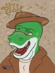 anthro clothed clothing drunk fedora fully_clothed hat headgear headwear male solo substance_intoxication teeth philfox cregon alligator alligatorid crocodile crocodilian reptile scalie bust_portrait hi_res portrait