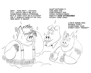 anthro bodily_fluids clothing dialogue facial_hair group male overalls overweight shirt sparkles suspenders sweat text topwear transformation trio billy_fore domestic_pig mammal suid suine sus_(pig) english_text hi_res monochrome