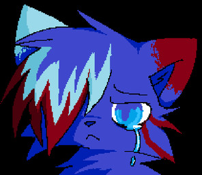 :< ambiguous_gender black_background blue_body blue_fur bodily_fluids crying feral fur red_body red_fur sad simple_background solo sparklefur tears toony conditional_dnp dethtwink domestic_cat felid feline felis mammal aliasing digital_media_(artwork) headshot_portrait portrait