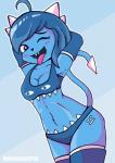 armwear blue_body blue_hair blush bra breasts cleavage clothed clothing elbow_gloves female gloves hair hands_behind_back handwear not_furry one_eye_closed open_mouth panties seductive solo tongue tongue_out underwear wink nekomancergd geometry_dash robtopgames clubette clubstep_monster demon 2019 hi_res