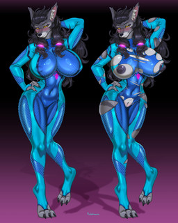 abs anthro areola big_breasts biped blush breasts claws clothed clothed_anthro clothed_female clothing countershade_torso countershading feet female fingers front_view fur genitals hair huge_breasts inner_ear_fluff muscular muscular_anthro muscular_female nipple_outline nipples pose simple_background smile solo standing thick_thighs toes torn_clothing tuft vulva wide_hips zero_suit purplelemons blizzard_entertainment metroid nintendo warcraft canid mammal werecanid werecreature worgen 2026 4:5 digital_drawing_(artwork) digital_media_(artwork) hi_res pinup