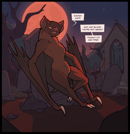 anthro bat_ears bat_nose bat_wings black_border border breasts brown_body brown_fur cemetery claws dialogue fangs featureless_breasts featureless_crotch female full_moon fur grave looking_at_viewer membrane_(anatomy) membranous_wings moon neck_tuft night outside plant sharp_teeth smile solo teeth text tree tuft wings wings_instead_of_hands nexivian bat leaf-nosed_bat mammal microbat vampire_bat yangochiropteran english_text hi_res