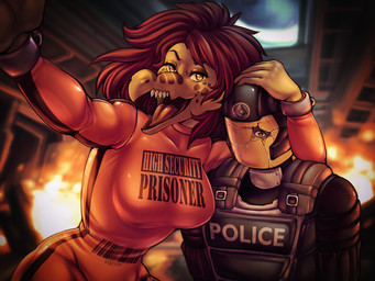 5_fingers anthro barcode big_breasts bodysuit breasts camera_view clothing cracked duo escape female fingers fire hair hand_on_head head_grab larger_anthro larger_female male male/female non-mammal_breasts open_mouth open_smile police prisoner reaching_towards_viewer red_hair selfie size_difference skinsuit smaller_human smaller_male smile text tight_clothing wide_hips yellow_eyes the_rabbit_follower halo_(series) microsoft xbox_game_studios vonna_yar alien human kig-yar mammal ruuhtian scalie 4:3 english_text hi_res