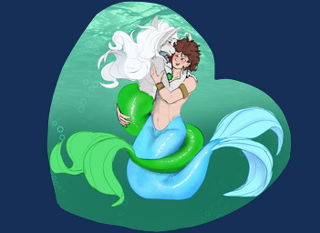 abs anthro arm_around_shoulder blue_body blue_eyes blue_scales blue_tail blush border bra breasts brown_hair bubble clothing duo entwined_tails face_lick female female_anthro female_on_humanoid glistening glistening_body glistening_scales glistening_tail green_body green_eyes green_scales green_tail hair hand_on_tail heart_shaped_frame hug humanoid_on_anthro licking long_hair male male/female male_humanoid male_on_anthro mermaid_tail muscular muscular_male navel one_eye_closed scales seashell_bra split_form tail tail_coil tongue transparent_border underwater underwear water white_hair wide_hips roxlyde nyra_(rikuthemermage) riku_(rikuthemermage) aquatic canid canine canis humanoid humanoid_merfolk mammal merfolk wolf alpha_channel hi_res
