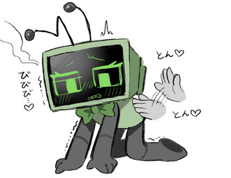 ambiguous_gender antennae_(anatomy) blush blush_lines bow_tie butt_slap disembodied_hand duo electronics female for_a_head machine not_furry screen screen_face simple_background slap spanking television text white_background 39_taro0 blushcrunch_studio dandy's_world roblox vee_(dandy's_world) humanoid object_head robot robot_humanoid screen_head toon_(dandy's_world) tv_head absurd_res hi_res japanese_text translation_request