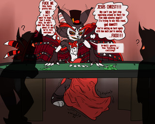 abdominal_bulge anthro aroused balls belly big_balls big_bulge big_penis big_tail blush bottomwear bow_tie bulge card clothed clothing cock_vore dealer detailed_bulge dialogue duo endosoma erection eyebrows face_imprint furniture genitals hat head_imprint headgear headwear imprint leaning leaning_on_table looking_pleasured male male/male male_pred muffled nervous nervous_smile oral_vore paws penile penis playing_card poker predator/prey prey_imprint prey_outline profanity public_erection public_vore revealing_outfit safe_vore same_size_vore seductive shaking shivering shorts silhouette skimpy soft_vore spread_legs spread_wings spreading squirming stretchy_belly struggling struggling_prey table tail tenting text thought_bubble throbbing throbbing_penis tight_belly tight_bottomwear tight_bulges tight_clothing tight_shorts tight_underwear top_hat twitching twitching_ear underwear vore willing_prey wings conditional_dnp samagthrav2 arachnid arthropod demon domestic_cat felid feline felis humanoid mammal spider 5:4 absurd_res english_text hi_res