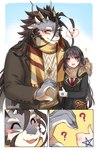 anthro black_hair blush claws duo female friend_zoned grey_body grey_scales hair horn humor male scales scar whiteniar lifewonders mythology tokyo_afterschool_summoners female_protagonist_(tas) fuxi_(tas) protagonist_(tas) dragon human mammal mythological_creature mythological_scalie scalie hi_res