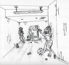 anthro beverage beverage_can bottomwear breasts clothing curious drinking duo female hair hat headgear headwear liminal_spaces machine pants soda tail tools vending_machine wrench spacewhaleworship pepsi the_backrooms kyuu_(scarydrpepper) lyka_(mrfanman42) canid canine canis mammal red_wolf sergal wolf absurd_res hi_res traditional_media_(artwork) wallpaper