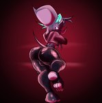 anthro big_butt big_ears blue_hair bulge butt claws clothed clothing cropped_hoodie cropped_topwear feet fishnet_clothing fishnet_legwear fur hair hoodie legwear looking_back male pawpads pink_clothing pink_hoodie pink_nose pink_pawpads pink_topwear pointy_ears prick_ears purple_body purple_fur rear_view red_background red_eyes simple_background soles solo stirrup_legwear tail toe_claws topwear wide_hips ream_n_cream nevan_(ream_n_cream) bat mammal 2023 hi_res shaded