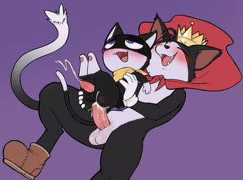 ahegao anal anal_orgasm anal_penetration anthro balls biped blue_body blue_fur blush bodily_fluids butt cape cat_tail clothing crown cum cum_in_ass cum_inside cum_on_butt cum_on_penis cum_while_penetrated digitigrade duo ejaculation fangs fleshlight_position footwear fur genital_fluids genitals hands-free happy happy_sex headgear heart_pupils heart_symbol intraspecies kerchief larger_anthro larger_male looking_pleasured lying male male/male multicolored_body multicolored_fur neckerchief neckwear on_back open_mouth open_smile orgasm penetration penile penile_penetration penis purple_background semi-anthro sex shoes shortstack shortstack_male simple_background size_difference smaller_anthro smaller_male smaller_penetrated smile teeth three-quarter_view tongue_showing two_tone_body two_tone_fur white_balls white_body white_fur porldraws atlus final_fantasy final_fantasy_vii megami_tensei persona_(series) persona_5 sega square_enix cait_sith_(ff7) morgana_(persona) domestic_cat felid feline felis mammal tuxedo_cat 2024 absurd_res crossover digital_drawing_(artwork) digital_media_(artwork) hi_res