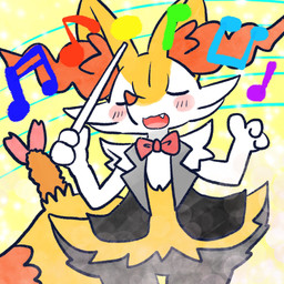 ambiguous_anthro ambiguous_gender anthro biped bow_tie clothing cute_fangs dipstick_tail eyes_closed fangs food front_view holding_object markings musical_note musical_symbol shrimp_(food) simple_background snout solo standing symbol tail tail_markings teeth thigh_gap topwear vest annyui0611 nintendo pokemon braixen canid generation_6_pokemon mammal pokemon_(species) 1:1 2023 digital_drawing_(artwork) digital_media_(artwork) hi_res japanese_description portrait three-quarter_portrait translated_description