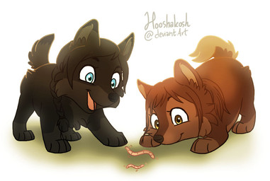 amber_eyes ambiguous_gender black_body black_fur blue_eyes brown_body brown_fur duo feral feralized fluffy fur simple_background white_background young ouivon attack_on_titan mara_(thedreamer102crazy) sasha_braus canid canine canis mammal wolf worm 2013