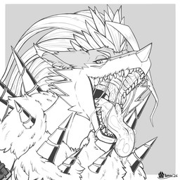 anthro bodily_fluids drooling facial_horn fangs fur hair half-closed_eyes horn male mouth_shot narrowed_eyes nose_horn open_mouth saliva saliva_on_tongue saliva_string solo spikes teeth tongue tongue_out marcushunter bandai_namco digimon digimon_(species) stefilmon 1:1 2026 headshot_portrait monochrome portrait signature