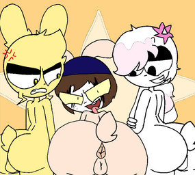 annoyed anthro anus backsack balls butt calvin_demonic_(the_symbol_bunnies_) cassidydemonic_(artist) clothing cream_yogurt_bunny_(the_symbol_bunnies_) face_makeup genitals grin hat headgear headwear lightning_bunny_(the_symbol_bunnies_) lucas_lightstrike_(the_symbol_bunnies_) male mature_male nek nude rockstar_bunny_(the_symbol_bunnies_) rodger_rock_(the_symbol_bunnies_) smile symbol_bunny_(species) tongue tongue_out traced_art traced_background domestic_rabbit humanoid lagomorph leporid mammal oryctolagus rabbit traced