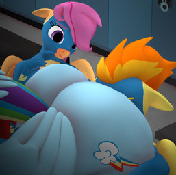 animal_ears anthro anthrofied bent_over big_butt blue_body blue_clothing butt clothed clothing cutie_mark detailed_background faceless_character feathered_wings feathers female group huge_butt inside locker_room nude oral orange_body tail trio wings yellow_body purplefondue friendship_is_magic hasbro my_little_pony mythology rainbow_dash_(mlp) scootaloo_(mlp) spitfire_(mlp) wonderbolts_(mlp) equid equine mammal mythological_creature mythological_equine pegasus 3d_(artwork) digital_media_(artwork) hi_res