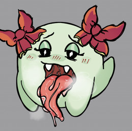 accessory black_eyes blush blush_lines bodily_fluids bow_ribbon dripping eyelashes fangs featureless_hands female ghost_tail glistening glistening_eyelids glistening_tongue green_eyelids hair_accessory hair_bow hair_ribbon half-closed_eyes long_tongue narrowed_eyes not_furry open_mouth red_blush red_bow red_hair_bow red_tongue ribbons saliva saliva_drip saliva_on_tongue saliva_string solo teeth tongue twin_bows twin_hair_bows white_sclera smogchelo mario_bros nintendo paper_mario lady_bow boo_(mario) ghost sphere_creature spirit 2024 hi_res