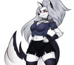 2022 anthro armwear black_collar black_nose bottomwear breasts canid canid_demon canine canis claws clothed clothing collaboration collar demon digital_media_(artwork) ear_piercing ear_ring eyebrow_piercing eyebrow_ring eyebrows eyelashes facial_piercing female fluffy fluffy_tail fox fully_clothed fur grey_body grey_eyes grey_fur grey_hair hair hand_on_hip hellhound helluva_boss legwear long_hair long_tail looking_at_viewer loona_(helluva_boss) mammal midriff multicolored_body multicolored_fur mythological_canine mythological_creature mythology navel notched_ear piercing pupils purtumdaemonium raised_eyebrow red_sclera ring_piercing shaded shorts shoulderless_shirt simple_background slit_pupils solo spiked_collar spikes standing tail topwear torn_clothing villmix white_background white_body white_eyes white_fur white_hair wolf