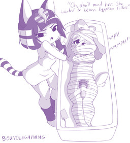 anthro bdsm big_breasts blush bodily_fluids bondage bound breasts clothed clothing dialogue duo encasement female fur genital_fluids mummified penetration restraints sex_toy sex_toy_in_vagina sex_toy_insertion simple_background submissive tail vaginal vaginal_penetration vibrator vibrator_in_vagina wand_vibrator boundlightning animal_crossing nintendo ankha_(animal_crossing) isabelle_(animal_crossing) canid canine canis domestic_dog mammal shih_tzu toy_dog absurd_res digital_media_(artwork) hi_res monochrome