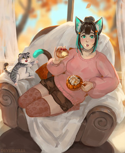 ambiguous_gender black_hair blush bottomwear breasts cake chair clothing curtains day dessert duo female feral food fur furniture green_eyes grey_body grey_fur hair holding_cake holding_food holding_object inside legwear on_chair open_mouth pawpads pink_clothing pink_sweater pink_topwear sitting skirt stockings sweater tail topwear whiskers window devergilia animal_humanoid cat_humanoid domestic_cat felid felid_humanoid feline feline_humanoid felis humanoid mammal mammal_humanoid 2025 hi_res