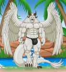 4_toes abs anthro black_claws black_clothing black_horn black_jockstrap black_underwear bulge claws clothed clothing digitigrade feathered_wings feathers feet horn jockstrap jockstrap_only looking_at_viewer male muscular muscular_male nipples pecs pink_nipples tail tail_tuft toes topless tuft underwear underwear_only white_body wings nickgray mythology dragon mythological_creature mythological_scalie scalie hi_res