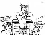 anthro clothed clothing dialogue empty_eyes group gun horn male nipples ranged_weapon text topless weapon bgn billy_(bgn) haw jeff_(bgn) asinus bovid caprine domestic_goat donkey equid equine goat horse mammal 2015 english_text monochrome